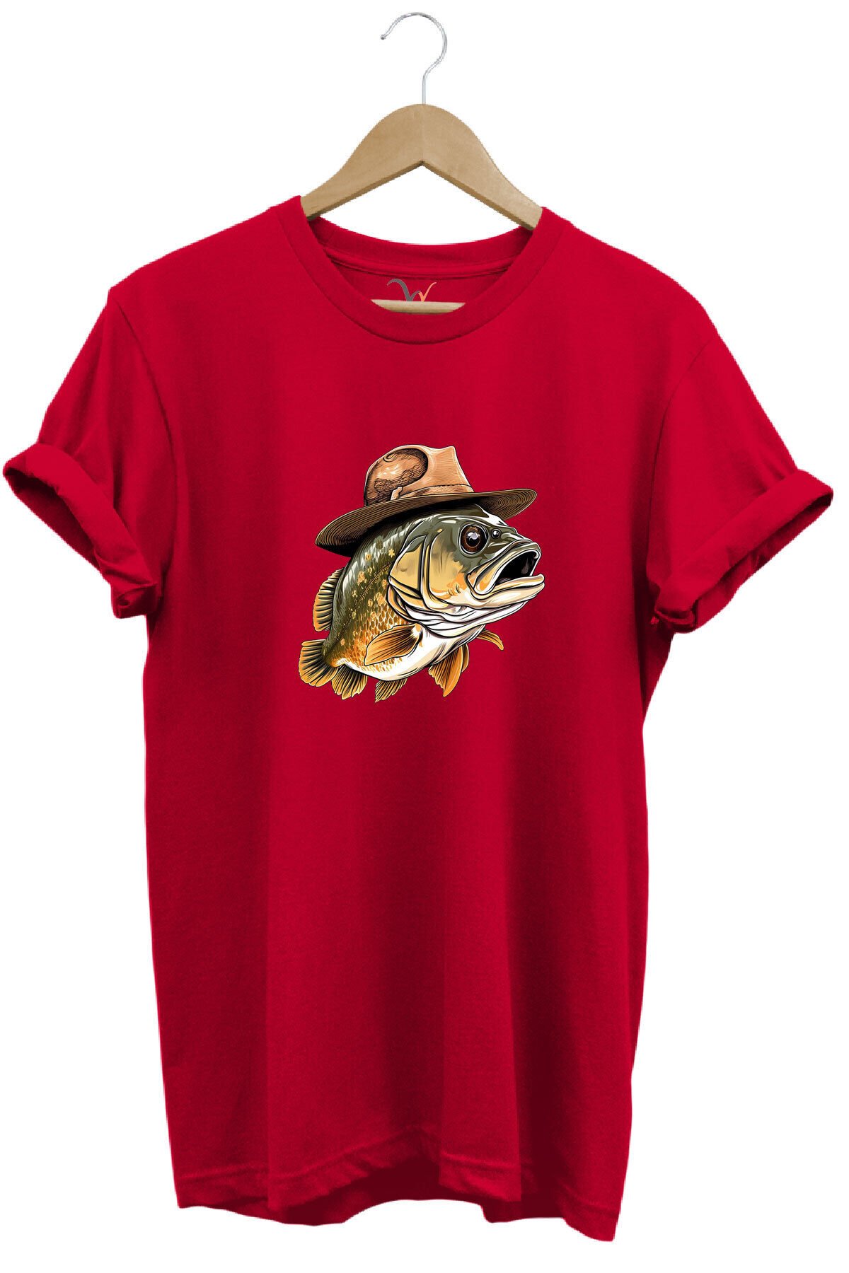 Avcılık Hunting Şapkalı Levrek Balığı Baskılı %100 Pamuk Regular Fit Bisiklet Yaka Gri T-shirt Kırmızı - S