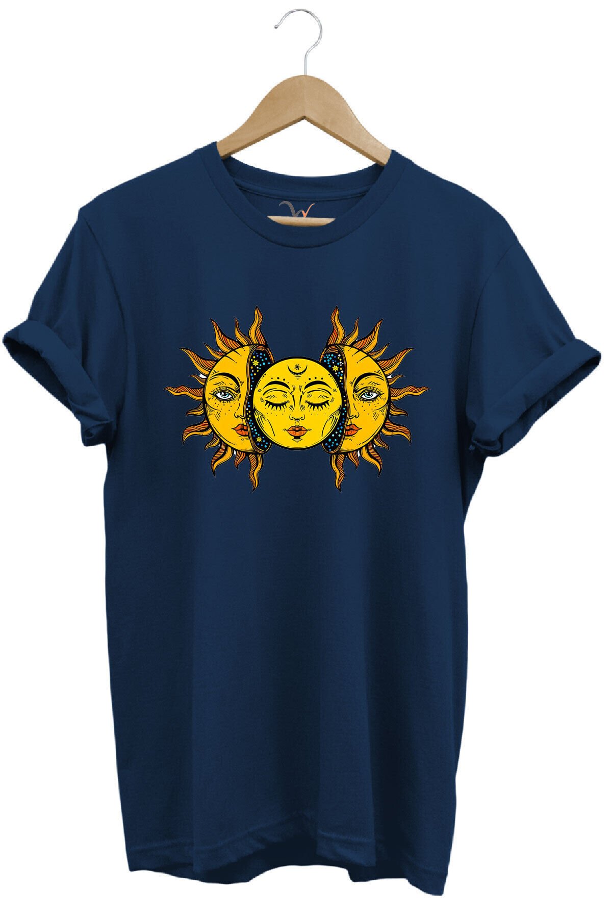Güneş Baskılı %100 Pamuk Regular Fit Unisex T-Shirt Lacivert - 4XL