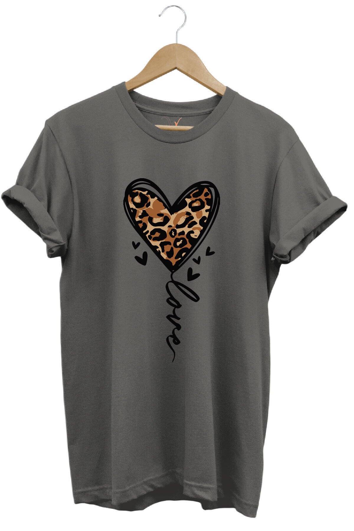 14 Şubat Sevgililer Günü Kalp Leopar Desen Baskılı %100 Pamuk Regular Fit Bisiklet Yaka T-Shirt Gri - 2XL