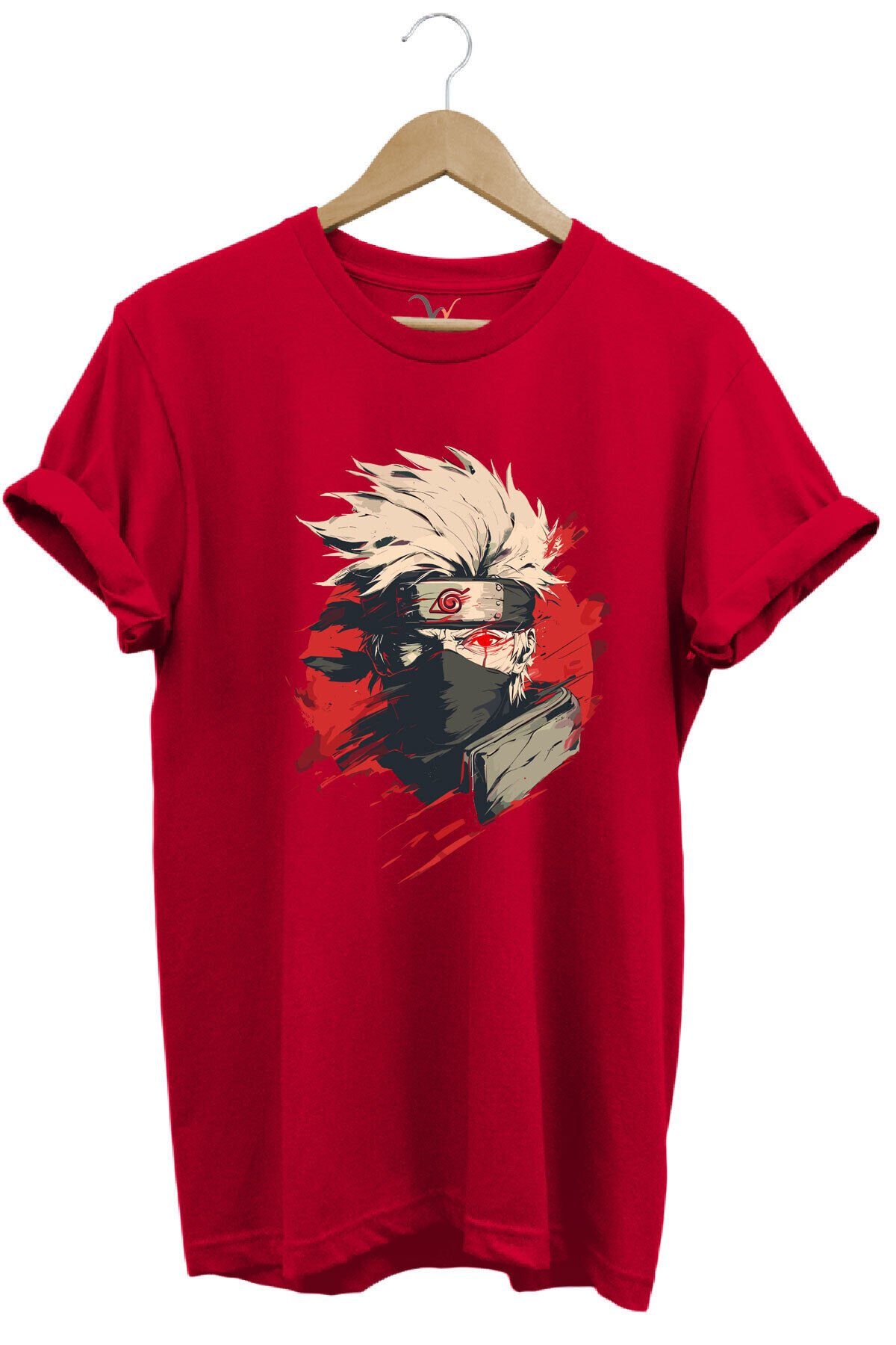 Unisex Streetwear Anime Manga Baskılı Şık Tasarımlı %100 Pamuk Bisiklet Yaka Lacivert T-shirt Kırmızı - L