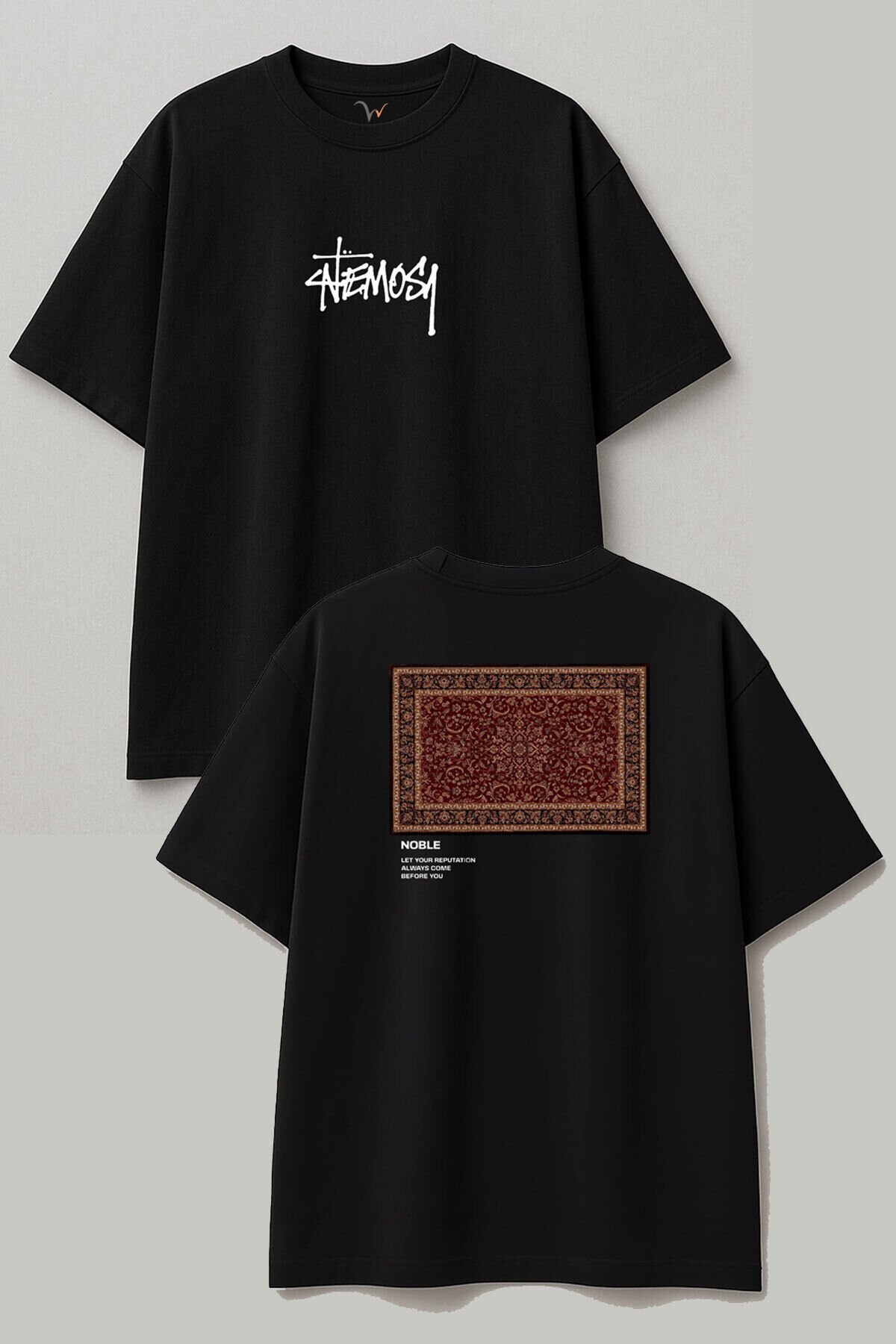 StreetWear Old Money Y2k Ön Arka Halı Motif Baskılı %100 Pamuk Oversize Unisex T-Shirt Siyah - M