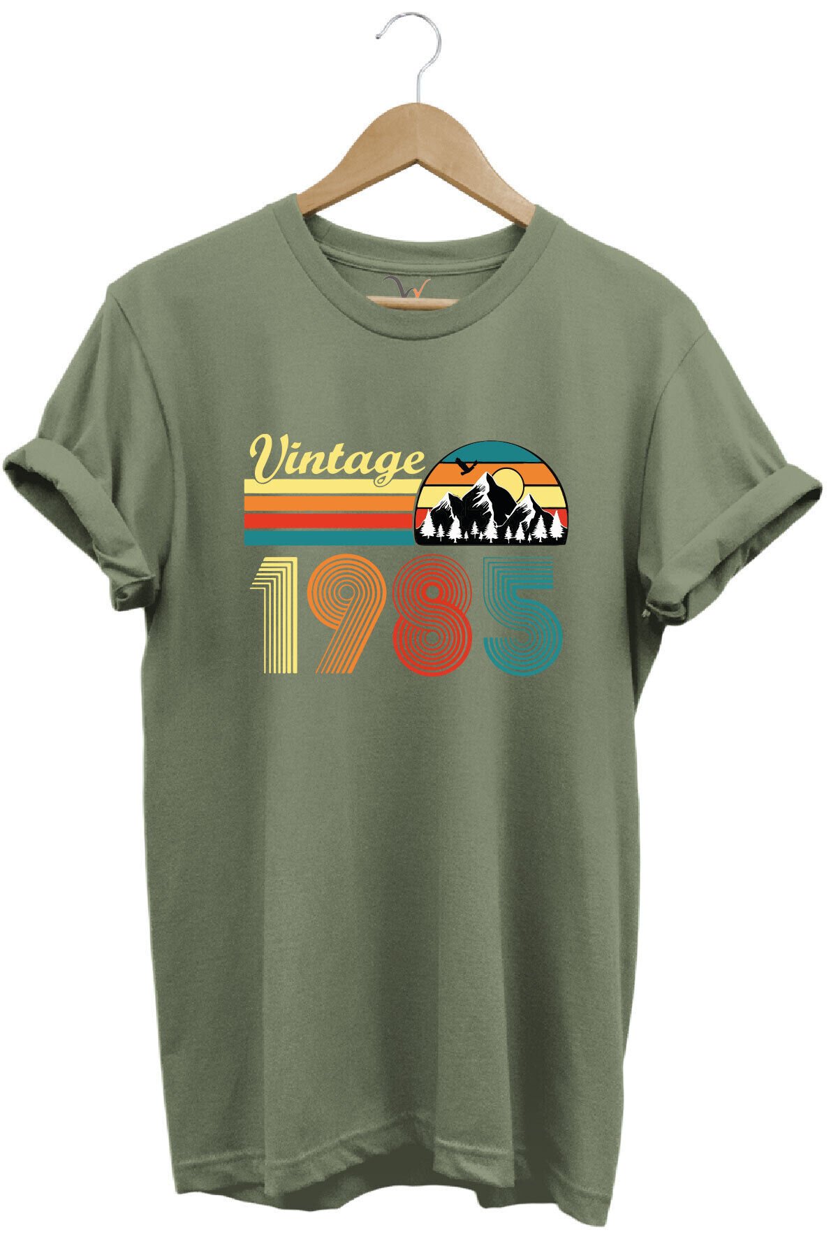 Retro Vintage 1985 Doğa Temalı Renkli Baskılı %100 Pamuk Unisex Regular Fit T-Shirt Haki - S