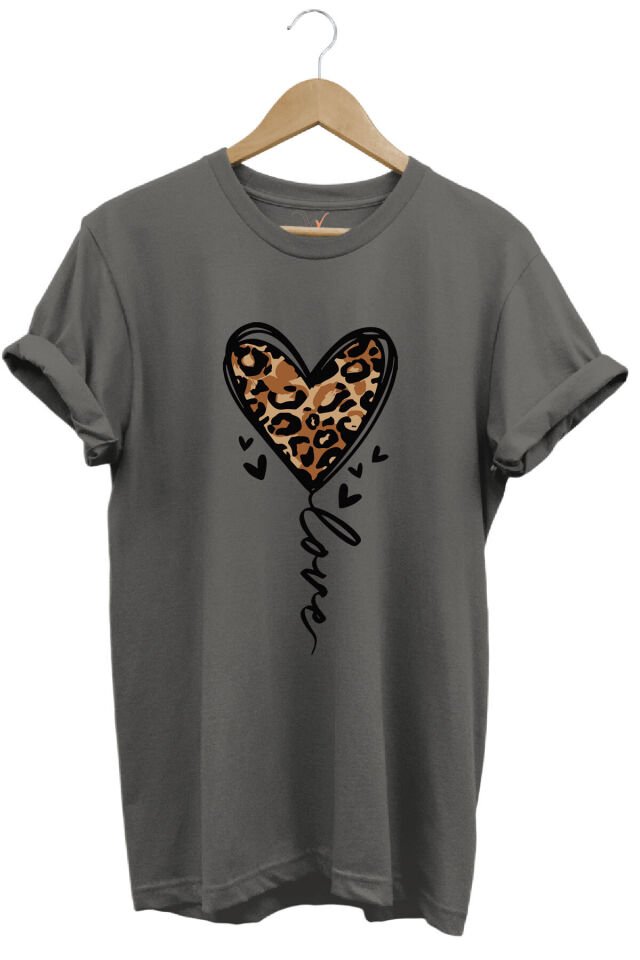 14 Şubat Sevgililer Günü Kalp Leopar Desen Baskılı %100 Pamuk Regular Fit Bisiklet Yaka T-Shirt Gri - S