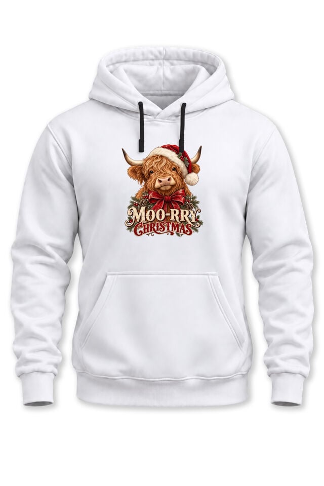 Unisex Yılbaşı Temalı Highland İnek Moo-Rry Christmas Baskılı Kapüşonlu Sweatshirt Hoodie