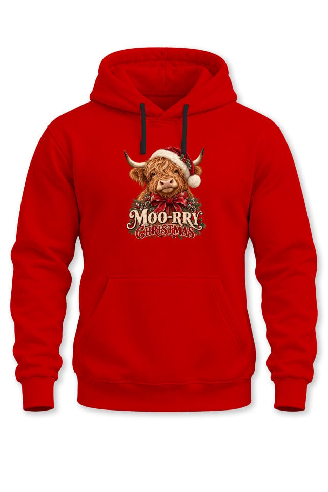 Unisex Yılbaşı Temalı Highland İnek Moo-Rry Christmas Baskılı Kapüşonlu Sweatshirt Hoodie