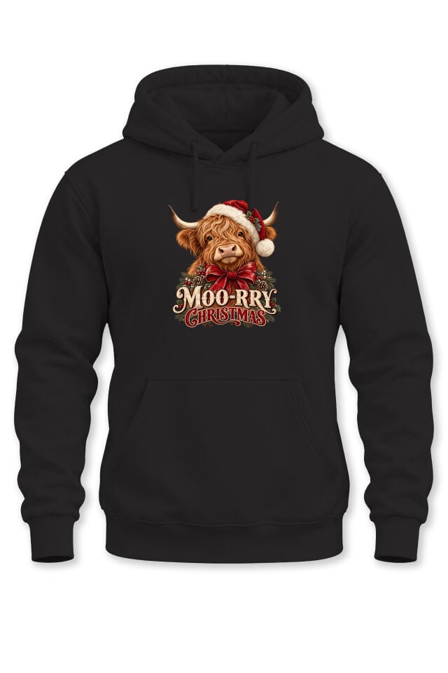 Unisex Yılbaşı Temalı Highland İnek Moo-Rry Christmas Baskılı Kapüşonlu Sweatshirt Hoodie