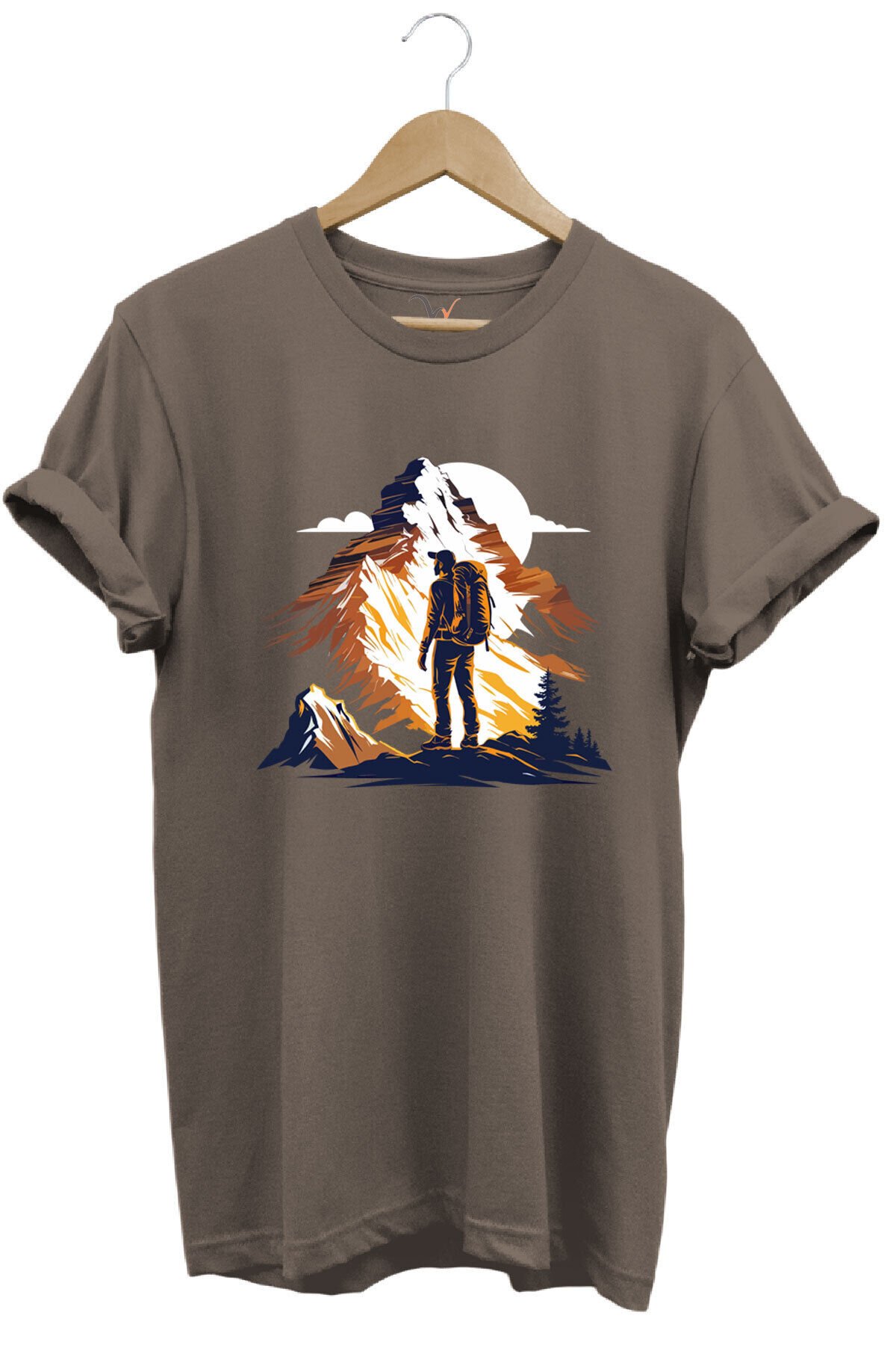 Mountain Dağ Yürüyüşü ve Kar Manzara Baskılı %100 Pamuk Unisex Regular Fit T-Shirt Kahverengi - 3XL