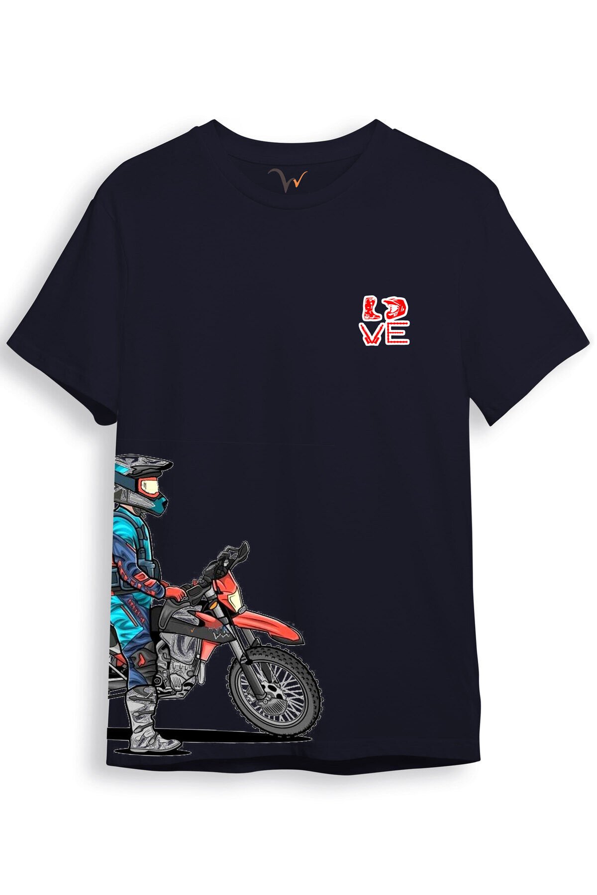 Cross Motor Enduro Ekipmanları Göğüs Ve Yan Detay Baskılı Regular Fit %100 Pamuk Turuncu T-shirt Lacivert - 3XL