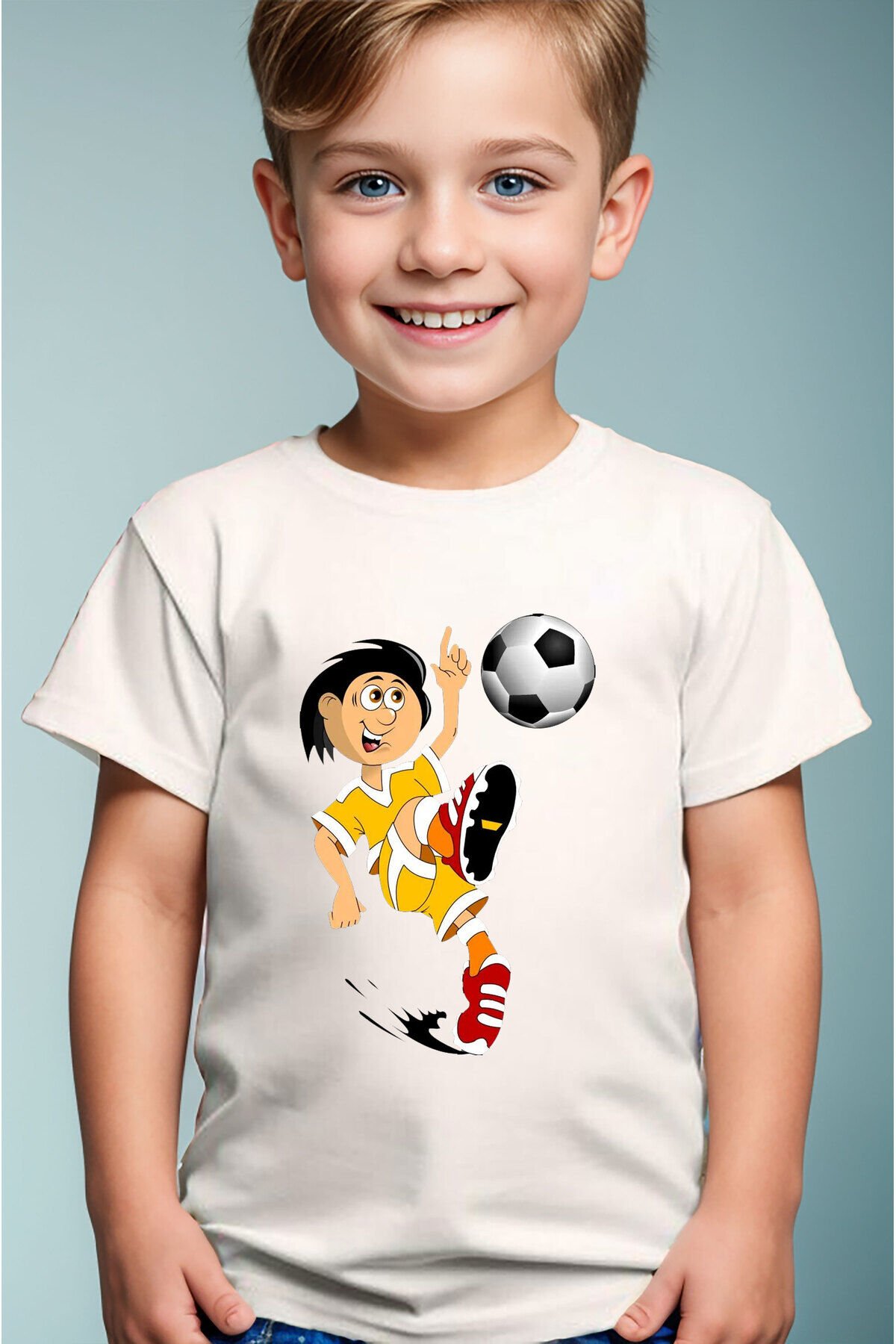 Futbol Topu Ve Vole Futbolcu Baskılı Pamuk Premium Erkek Çocuk Kız Çocuk Siyah T-shirt Beyaz - 9-10 Yaş