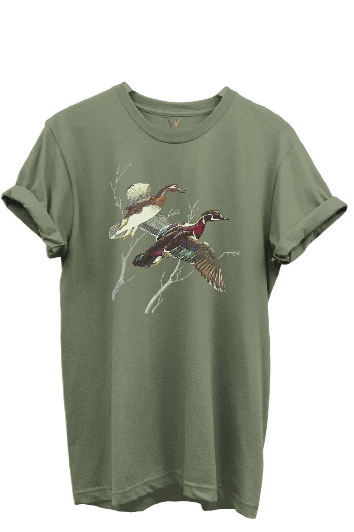 Uçan Yaban Ördekleri Çizim Baskılı %100 Pamuk Regular Fit Bisiklet Yaka Unisex T-shirt Haki - 2XL