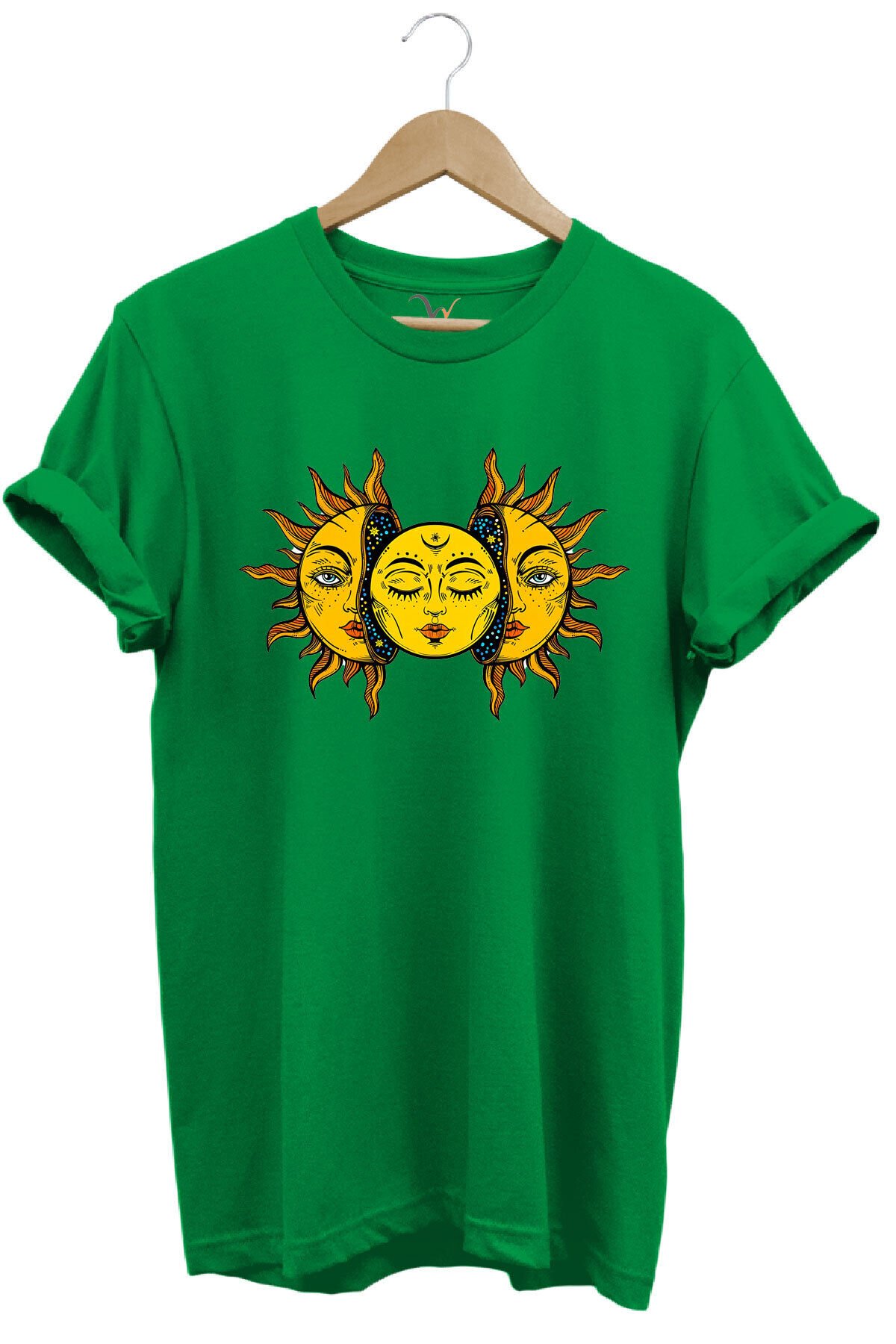 Güneş Baskılı %100 Pamuk Regular Fit Unisex T-Shirt Yeşil - S