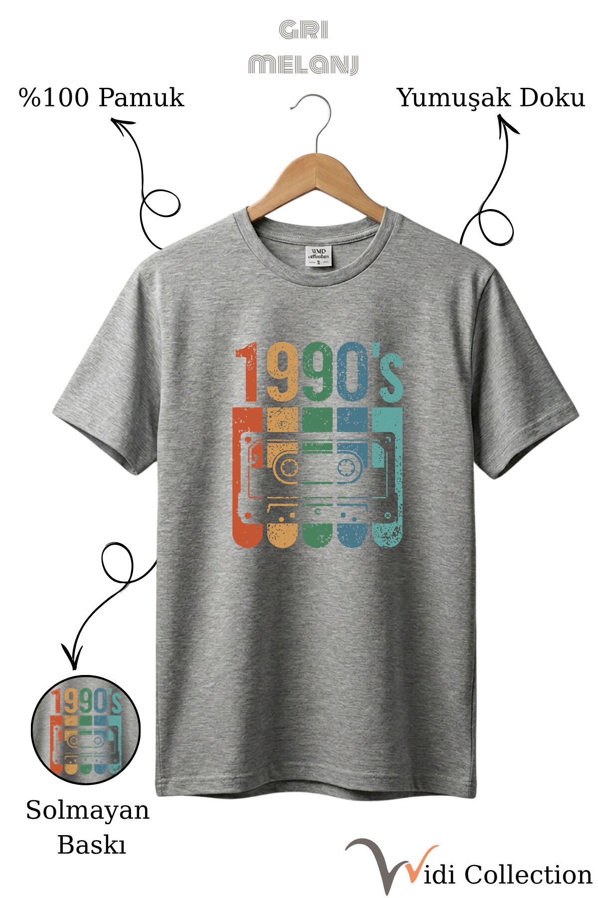 Vintage Retro 1990's Baskılı Kaset %100 Pamuk Regular Fit Bisiklet Yaka T-shirt Gri Melanj - 2XL