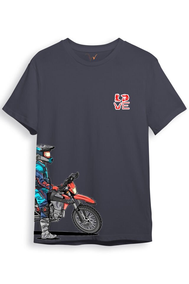 Cross Motor Enduro Ekipmanları Göğüs Ve Yan Detay Baskılı Regular Fit %100 Pamuk Turuncu T-shirt Antrasit - XL