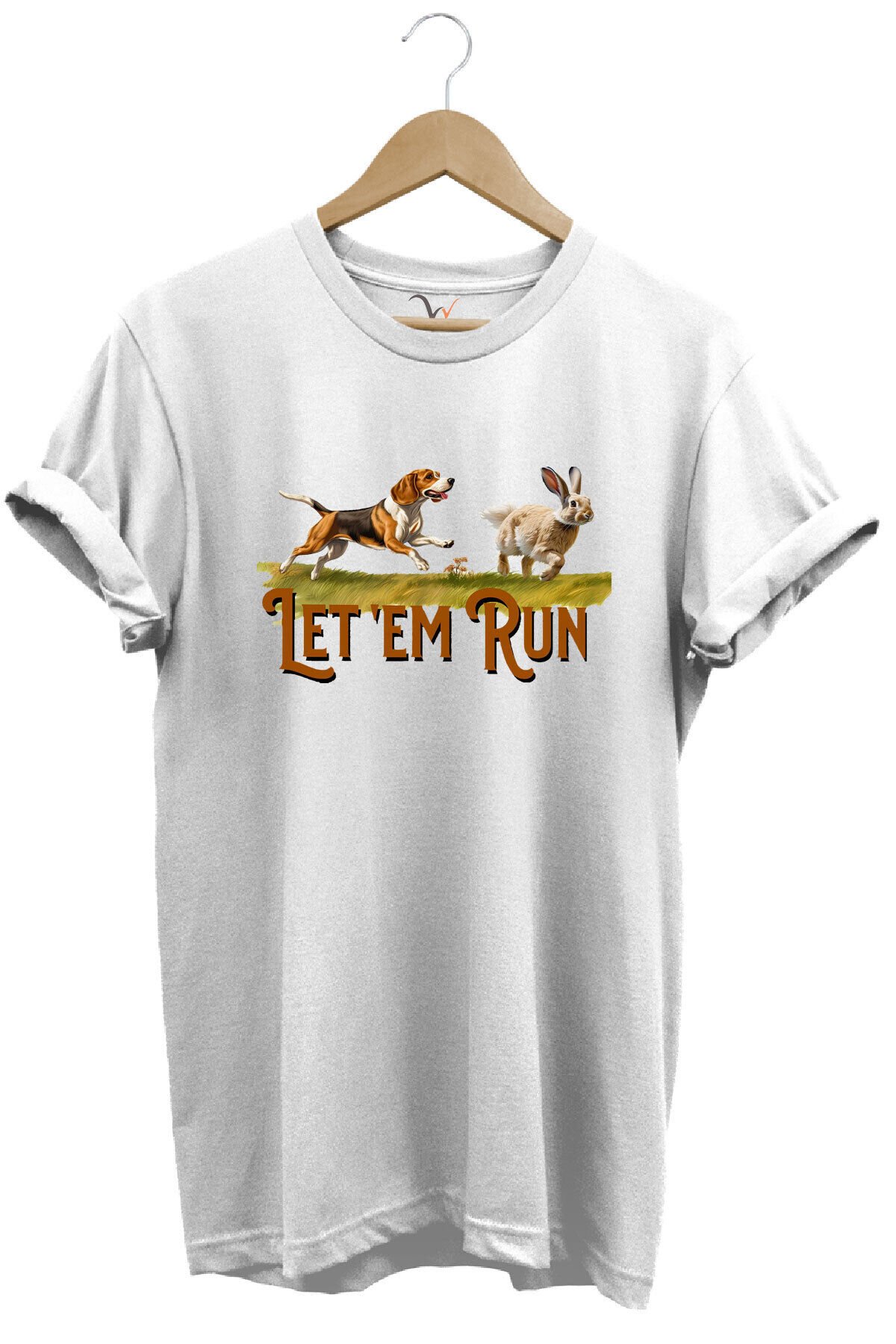 Tavşan Avı Ve Avcı Köpeği Baskılı %100 Pamuk Regular Fit Bisiklet Yaka Mavi T-shirt Beyaz - S