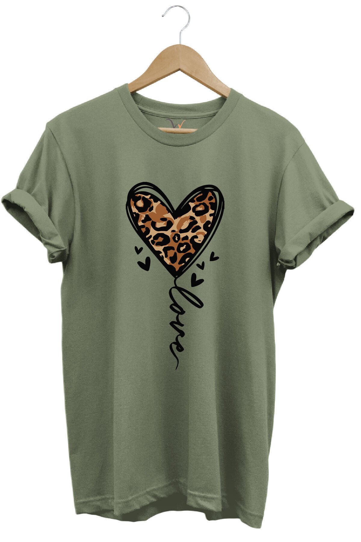 14 Şubat Sevgililer Günü Kalp Leopar Desen Baskılı %100 Pamuk Regular Fit Bisiklet Yaka T-Shirt Haki - S