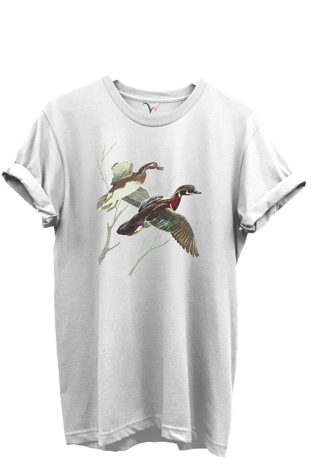 Uçan Yaban Ördekleri Çizim Baskılı %100 Pamuk Regular Fit Bisiklet Yaka Unisex T-shirt Beyaz - XL