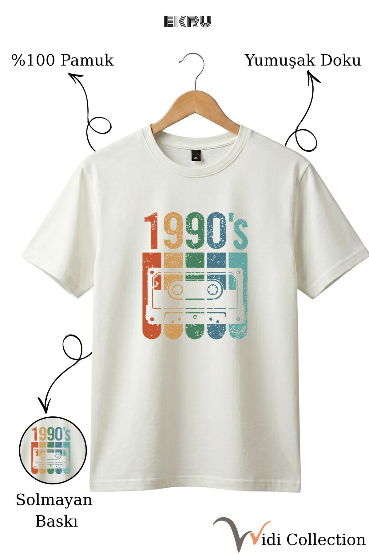 Vintage Retro 1990's Baskılı Kaset %100 Pamuk Regular Fit Bisiklet Yaka T-shirt Ekru - M