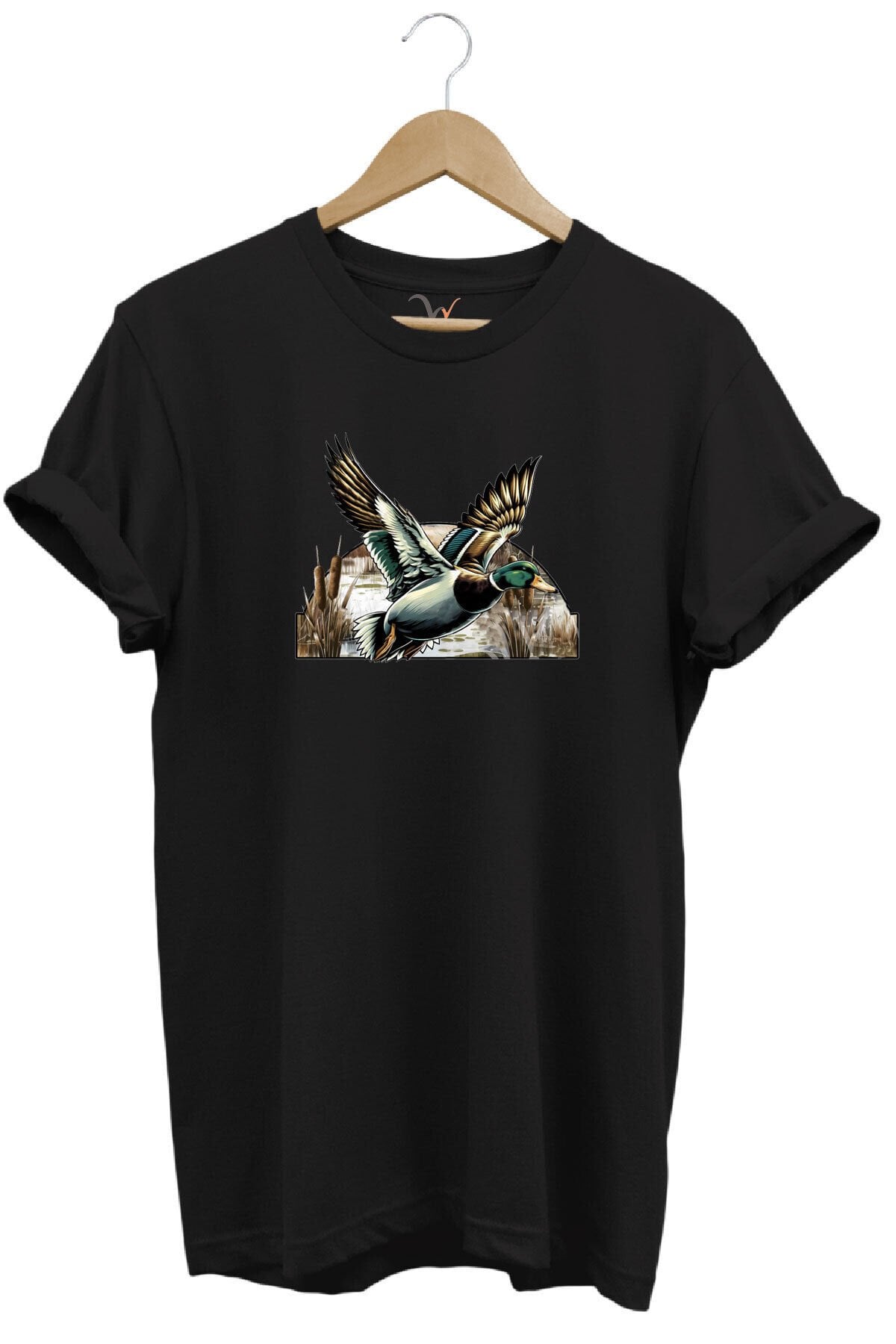Avcılık Temalı Uçan Ördek Baskılı %100 Pamuk Unisex Regular Fit T-Shirt