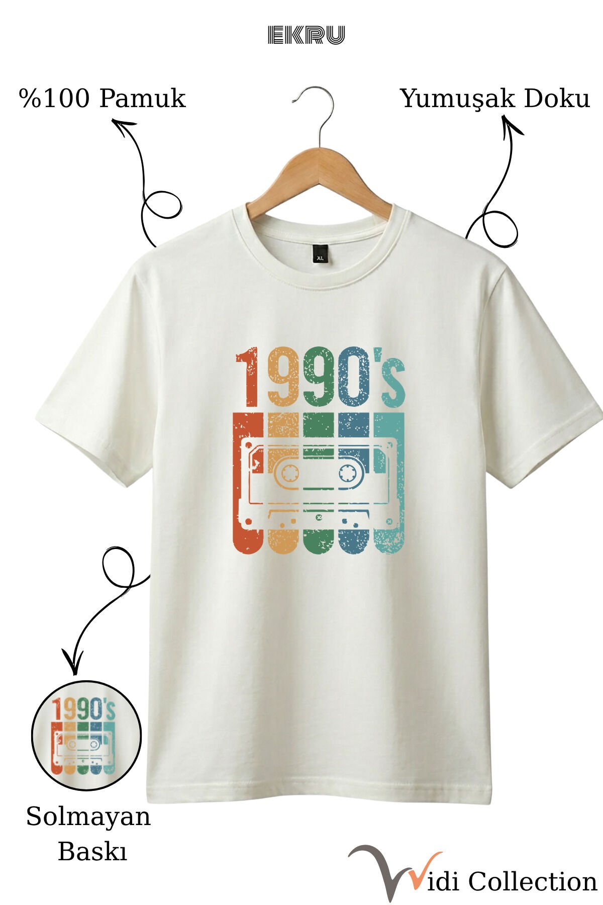 Vintage Retro 1990's Baskılı Kaset %100 Pamuk Regular Fit Bisiklet Yaka T-shirt Ekru - XL