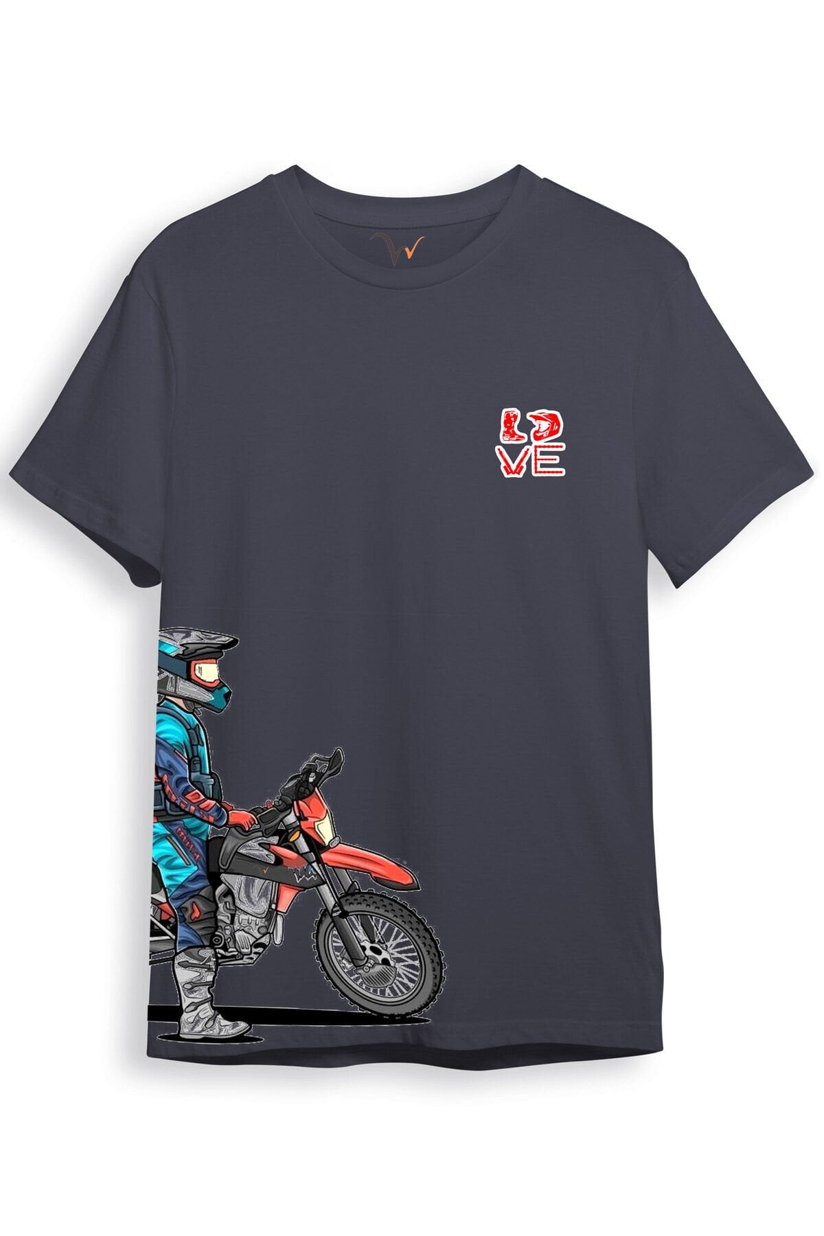 Cross Motor Enduro Ekipmanları Göğüs Ve Yan Detay Baskılı Regular Fit %100 Pamuk Turuncu T-shirt Antrasit - 3XL
