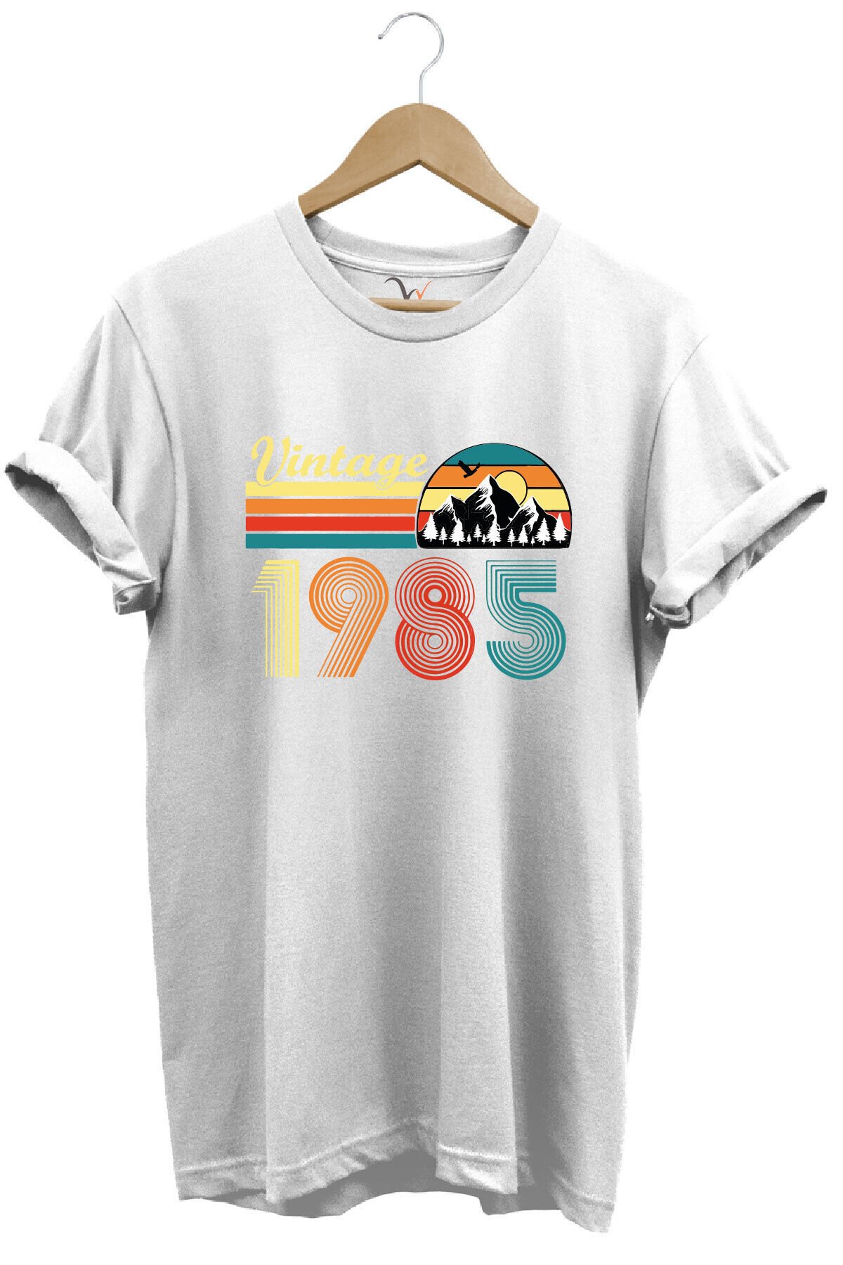 Retro Vintage 1985 Doğa Temalı Renkli Baskılı %100 Pamuk Unisex Regular Fit T-Shirt Beyaz - M