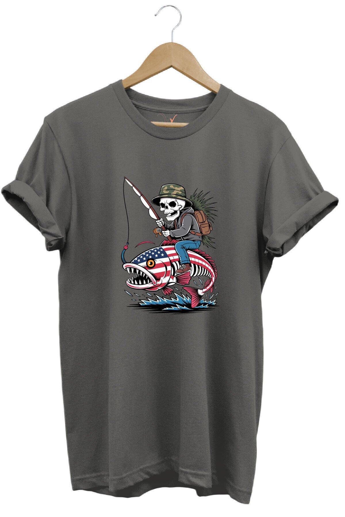 Fishing Balıkçılık Pirana ve İskelet Tasarım Baskılı %100 Pamuk Regular Fit T-Shirt Gri - 2XL