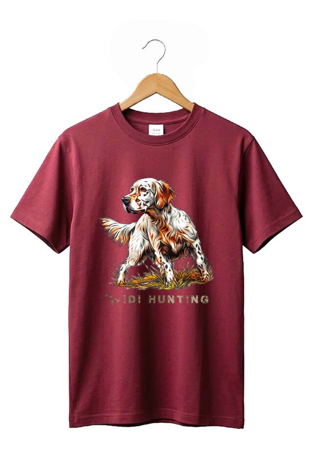 Unisex Hunting English Setter Köpek Baskılı Doğa Temalı Outdoor %100 Pamuk Basic T-Shirt Bordo - S