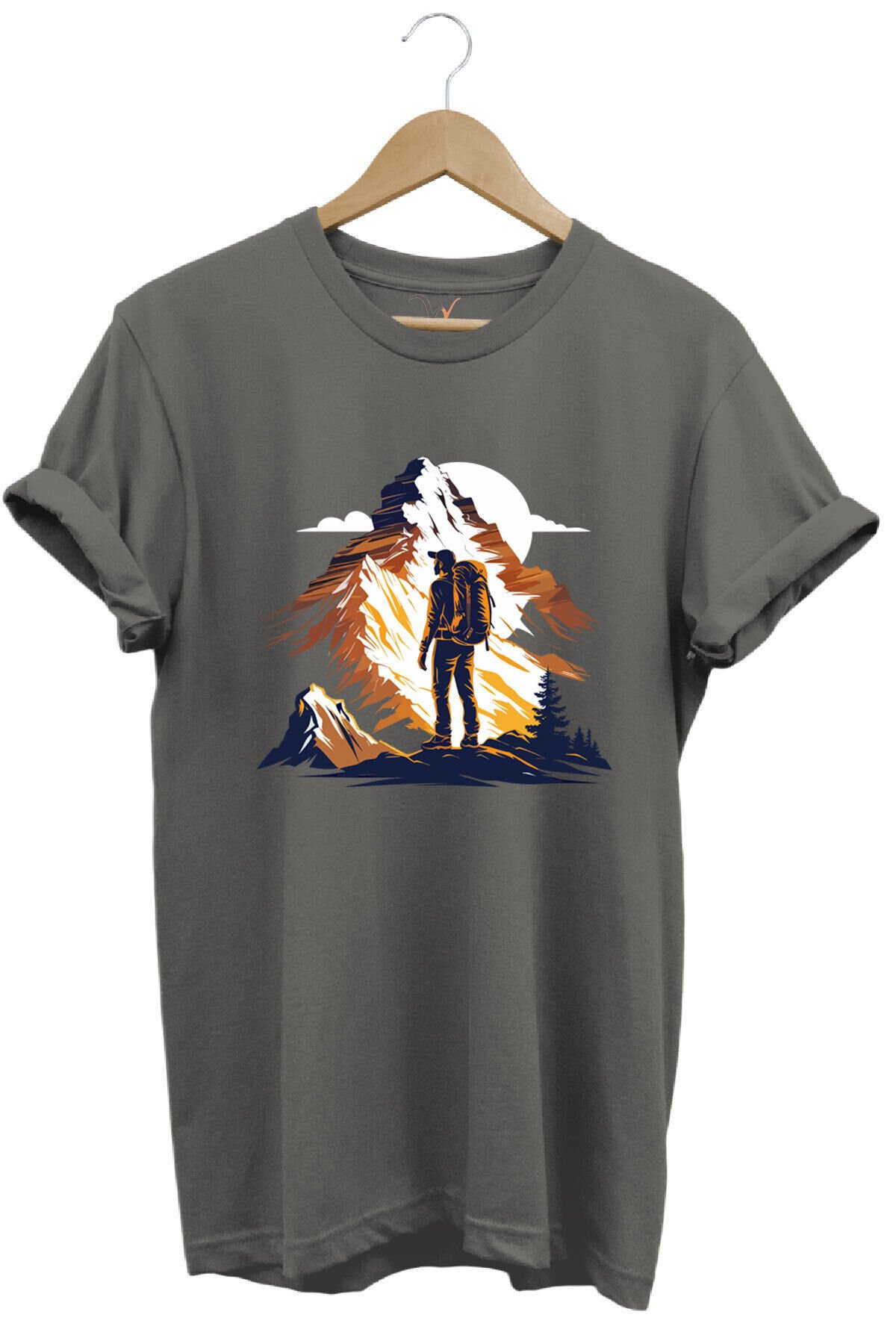 Mountain Dağ Yürüyüşü ve Kar Manzara Baskılı %100 Pamuk Unisex Regular Fit T-Shirt Gri - M