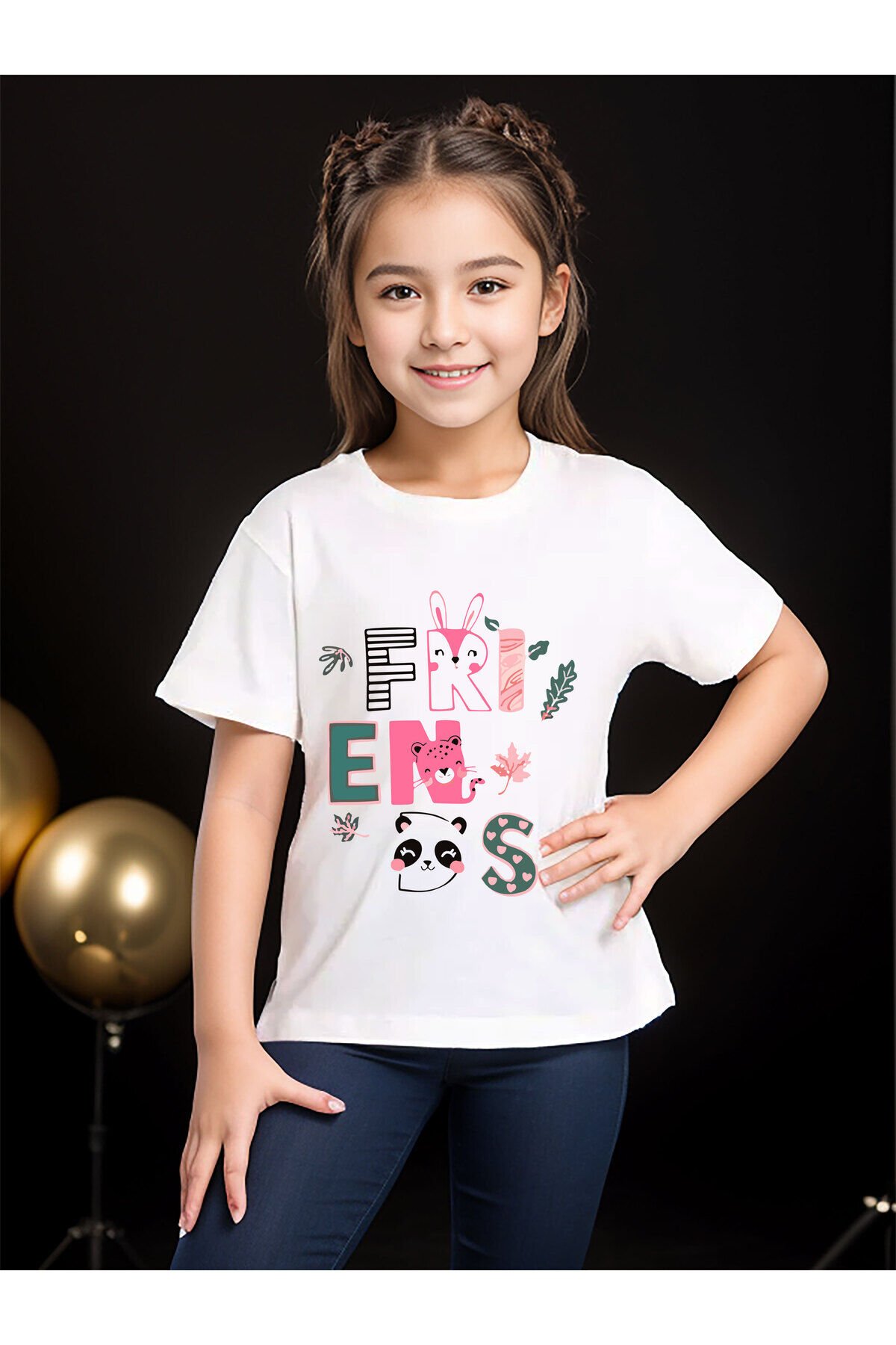 Yazı Baskılı Panda Ve Tavşan Detaylı Kız Çocuk Erkek Çocuk Siyah T-shirt Beyaz - 7-8 Yaş
