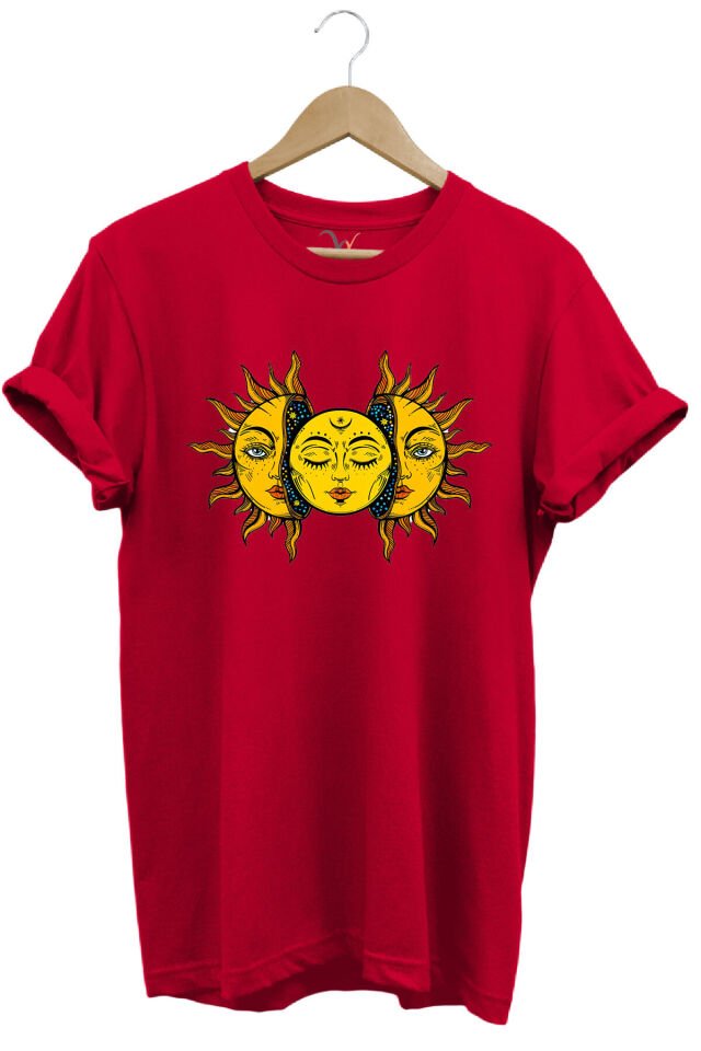 Güneş Baskılı %100 Pamuk Regular Fit Unisex T-Shirt Kırmızı - S
