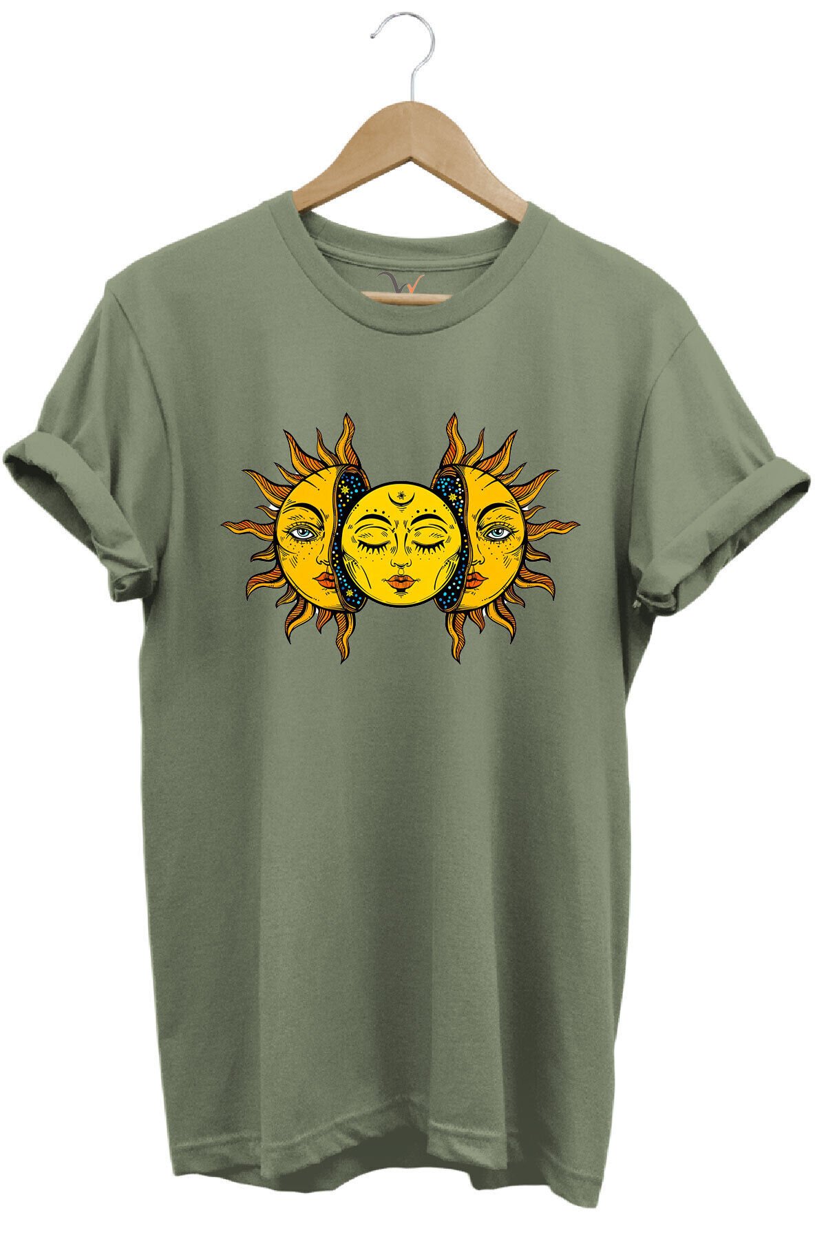 Güneş Baskılı %100 Pamuk Regular Fit Unisex T-Shirt Haki - S