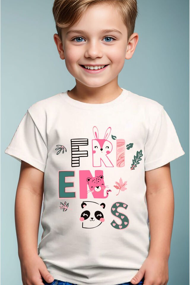 Yazı Baskılı Panda Ve Tavşan Detaylı Kız Çocuk Erkek Çocuk Siyah T-shirt Beyaz - 13-14 Yaş