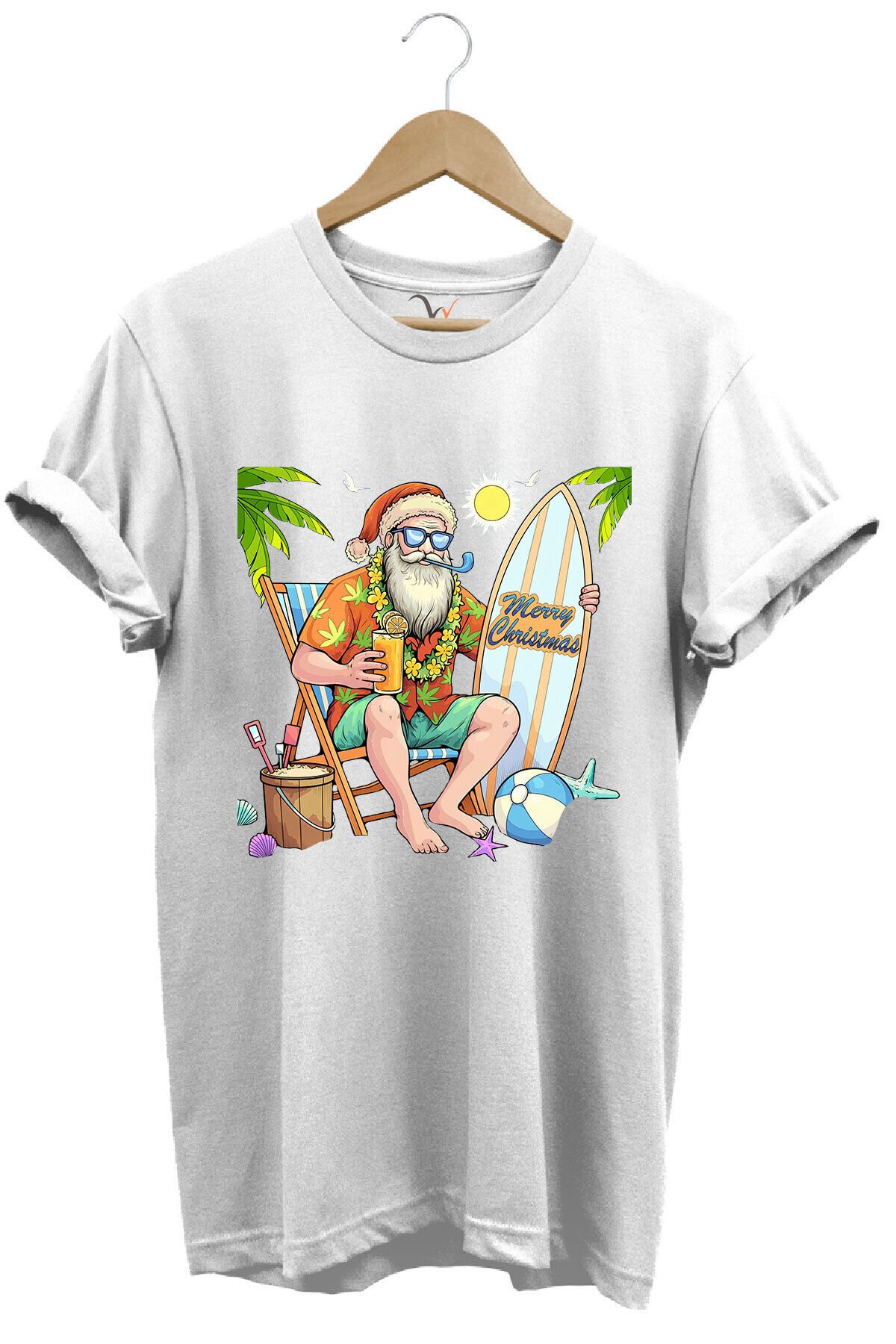 Merry Christmas Yaz Temalı Plajda Noel Baba Baskılı %100 Pamuk Unisex Regular Fit T-Shirt
