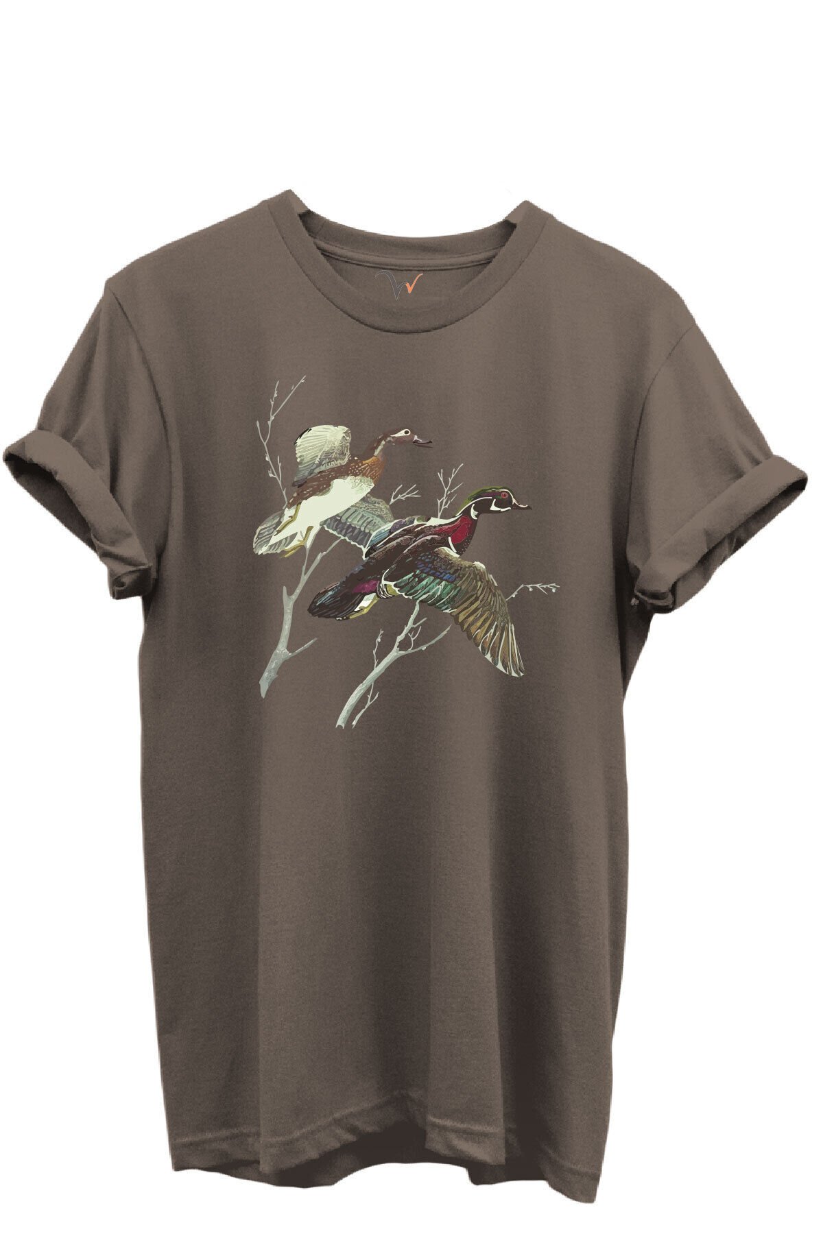 Uçan Yaban Ördekleri Çizim Baskılı %100 Pamuk Regular Fit Bisiklet Yaka Unisex T-shirt Kahverengi - 3XL