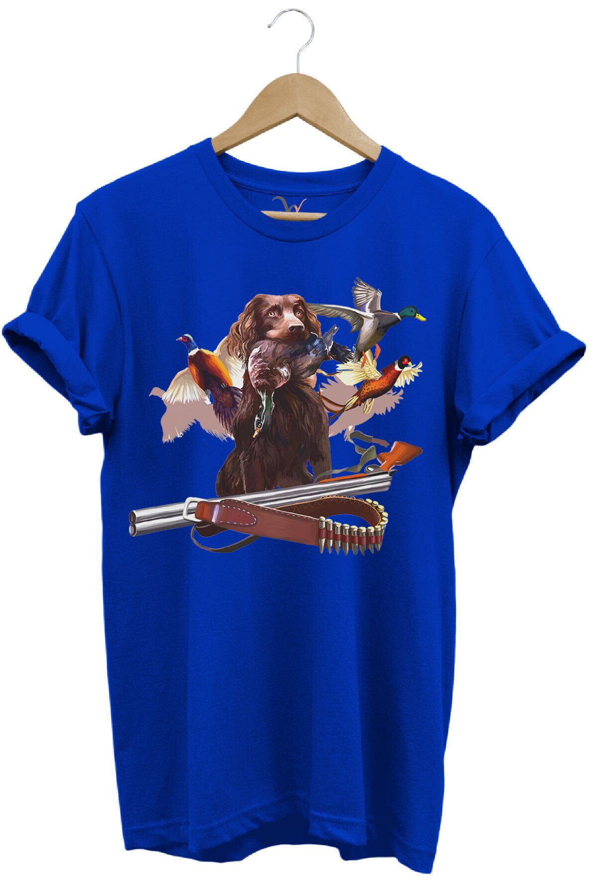 Av Köpeği Avcılık Çulluk Kuşu Baskılı Vahşi Yaşam Doğa Baskılı Regular Fit Mavi T-shirt