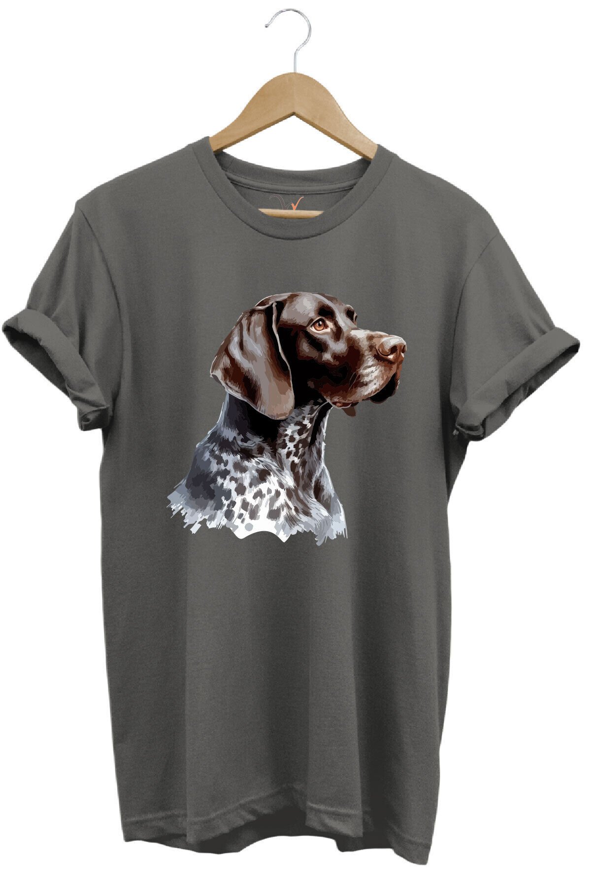 Avcılık Kurzhaar Av Köpeği Tasarım Baskılı %100 Pamuk Regular Fit Bisiklet Yaka Premium T-Shirt Gri - M