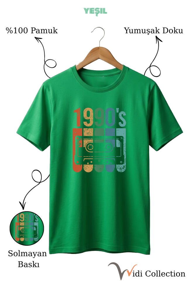 Vintage Retro 1990's Baskılı Kaset %100 Pamuk Regular Fit Bisiklet Yaka T-shirt Yeşil - 2XL