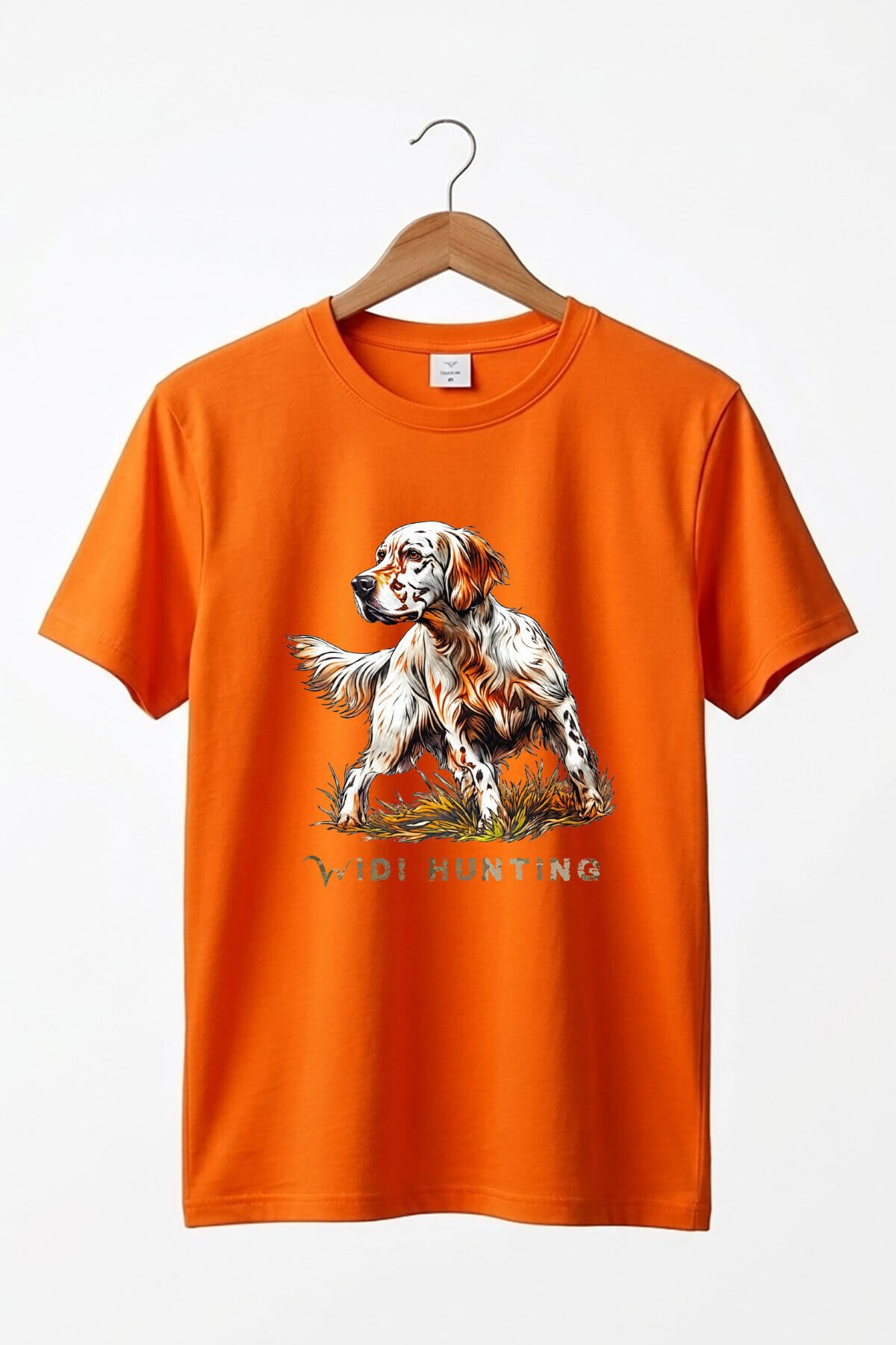 Unisex Hunting English Setter Köpek Baskılı Doğa Temalı Outdoor %100 Pamuk Basic T-Shirt Turuncu - XL