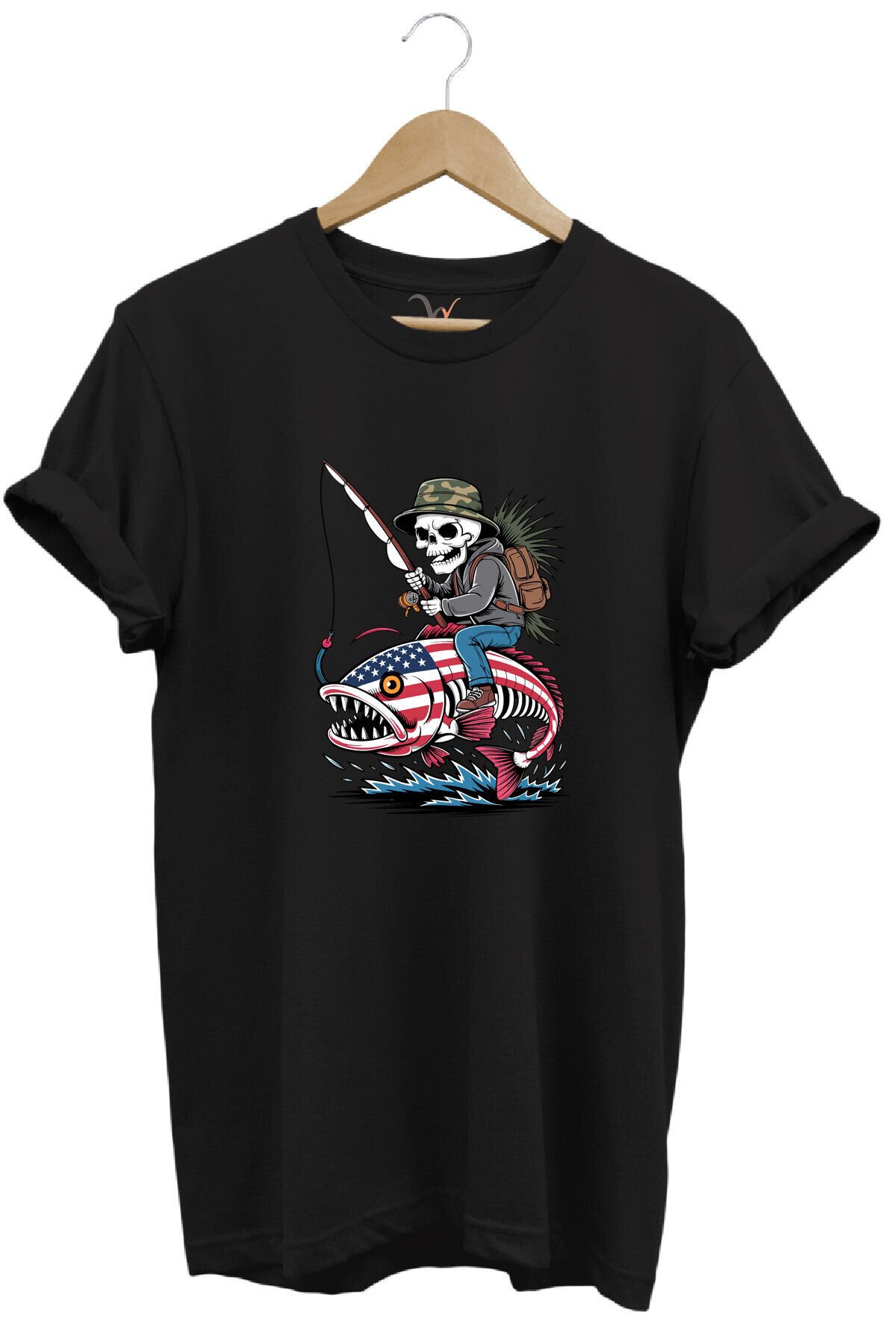 Fishing Balıkçılık Pirana ve İskelet Tasarım Baskılı %100 Pamuk Regular Fit T-Shirt Siyah - 2XL