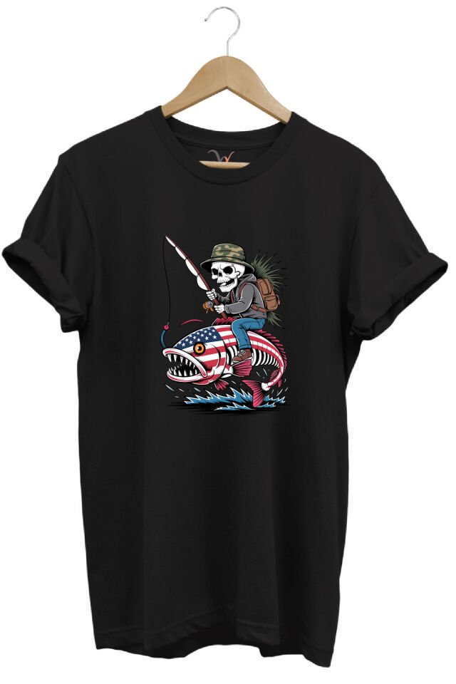 Fishing Balıkçılık Pirana ve İskelet Tasarım Baskılı %100 Pamuk Regular Fit T-Shirt Siyah - 2XL