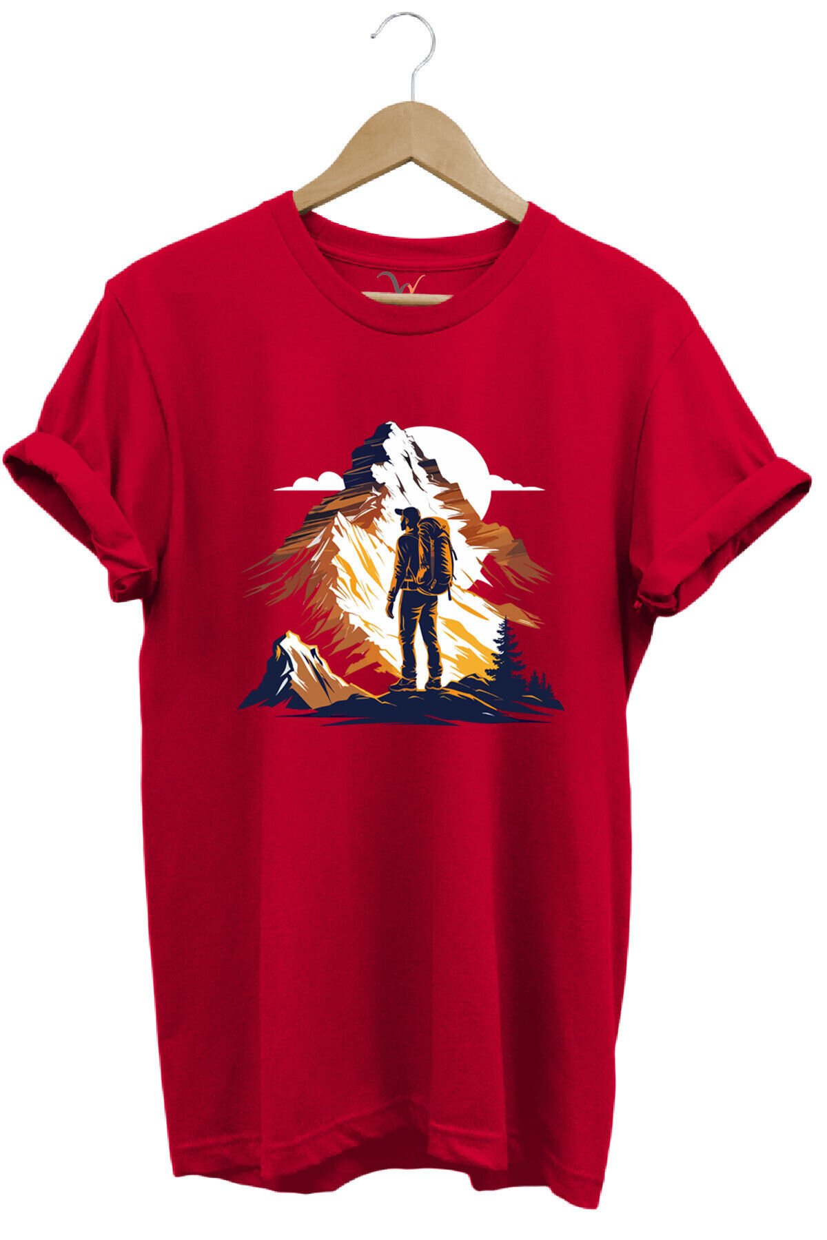 Mountain Dağ Yürüyüşü ve Kar Manzara Baskılı %100 Pamuk Unisex Regular Fit T-Shirt Kırmızı - L
