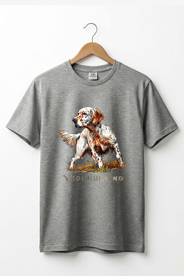 Unisex Hunting English Setter Köpek Baskılı Doğa Temalı Outdoor %100 Pamuk Basic T-Shirt Gri Melanj - 2XL