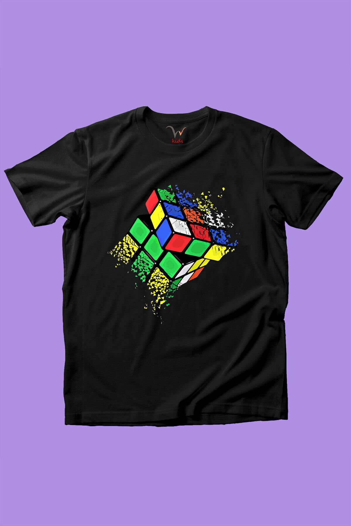 Rubik Küp Baskılı Renkli Cool %100 Pamuk Kız Çocuk Erkek Çocuk Beyaz T-shirt Siyah - 7-8 Yaş
