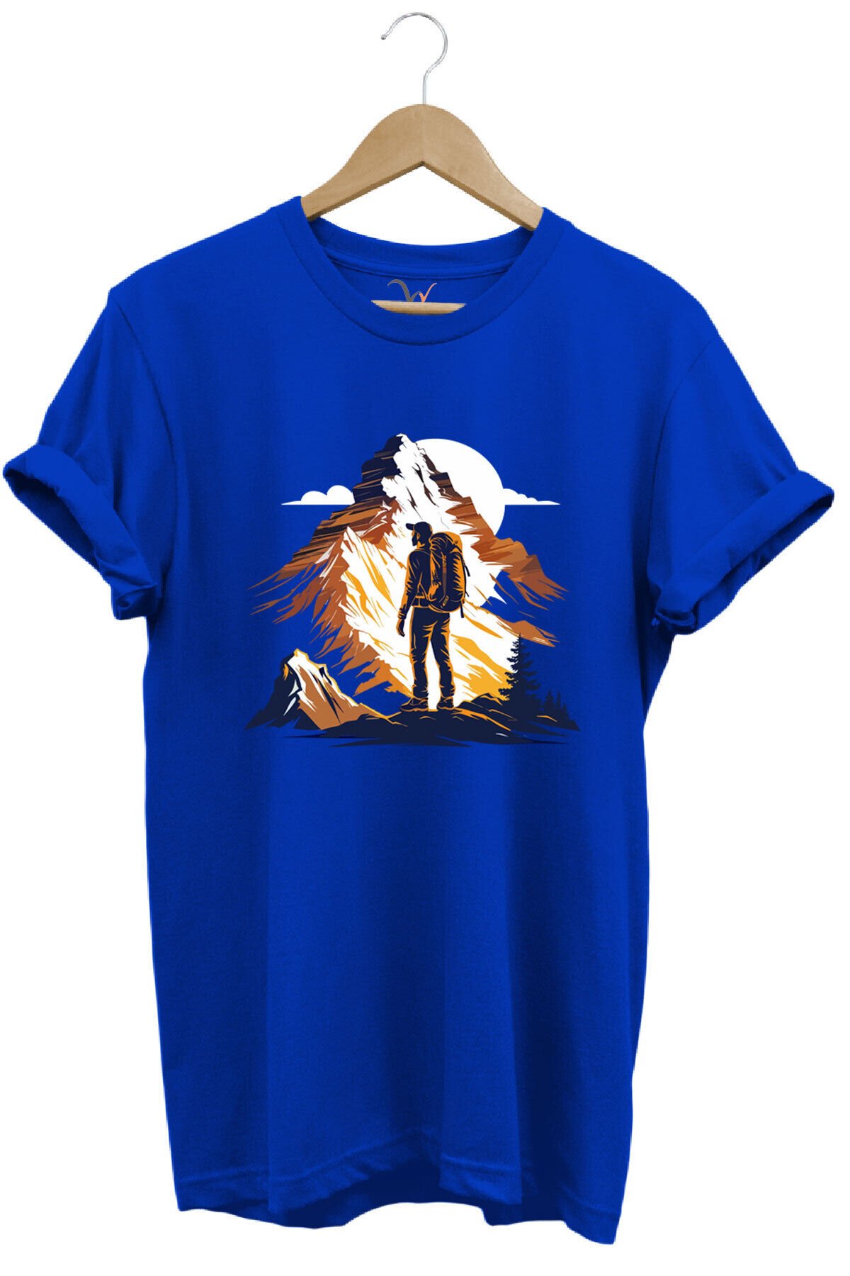 Mountain Dağ Yürüyüşü ve Kar Manzara Baskılı %100 Pamuk Unisex Regular Fit T-Shirt Mavi - 3XL