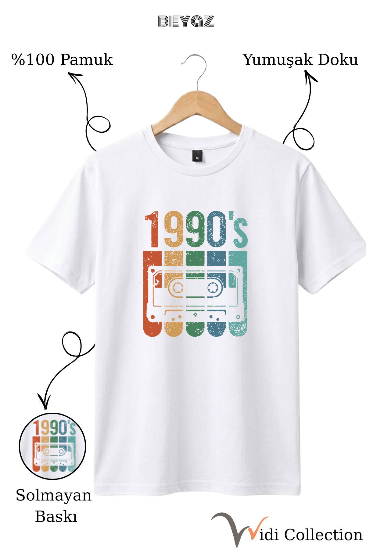 Vintage Retro 1990's Baskılı Kaset %100 Pamuk Regular Fit Bisiklet Yaka T-shirt Beyaz - XL