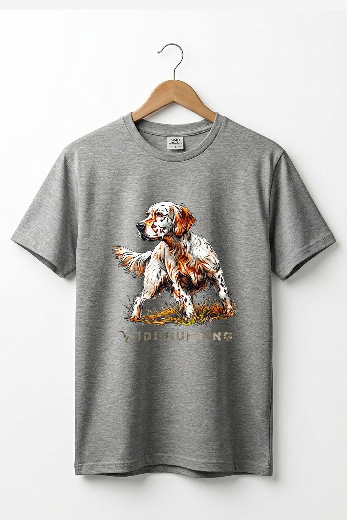 Unisex Hunting English Setter Köpek Baskılı Doğa Temalı Outdoor %100 Pamuk Basic T-Shirt Gri Melanj - S