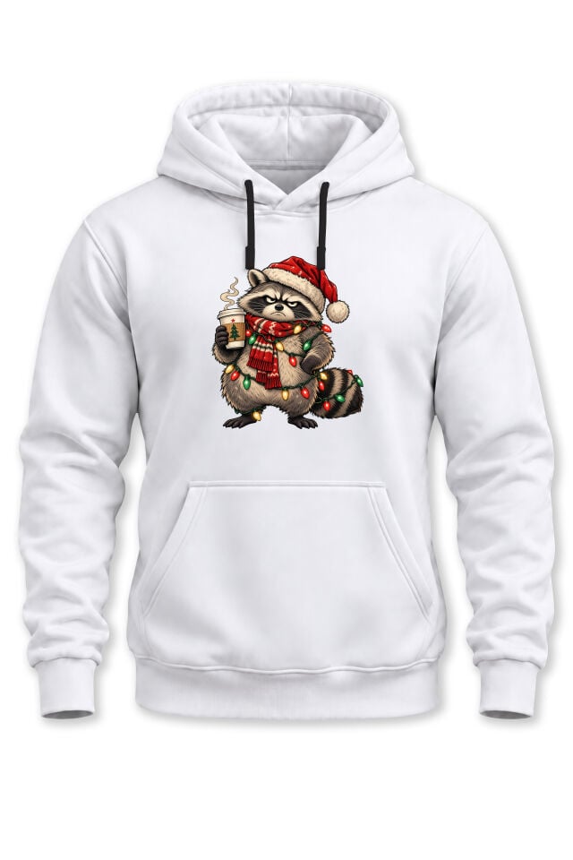 Unisex Yılbaşı Temalı Komik Rakun Baskılı Kapüşonlu Sweatshirt Hoodie