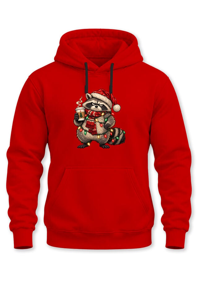 Unisex Yılbaşı Temalı Komik Rakun Baskılı Kapüşonlu Sweatshirt Hoodie