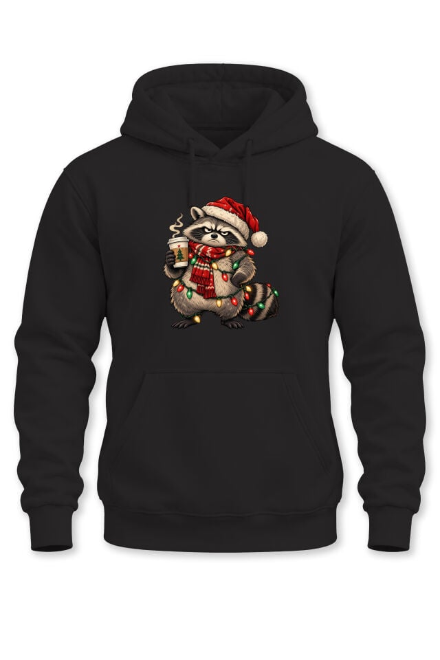 Unisex Yılbaşı Temalı Komik Rakun Baskılı Kapüşonlu Sweatshirt Hoodie