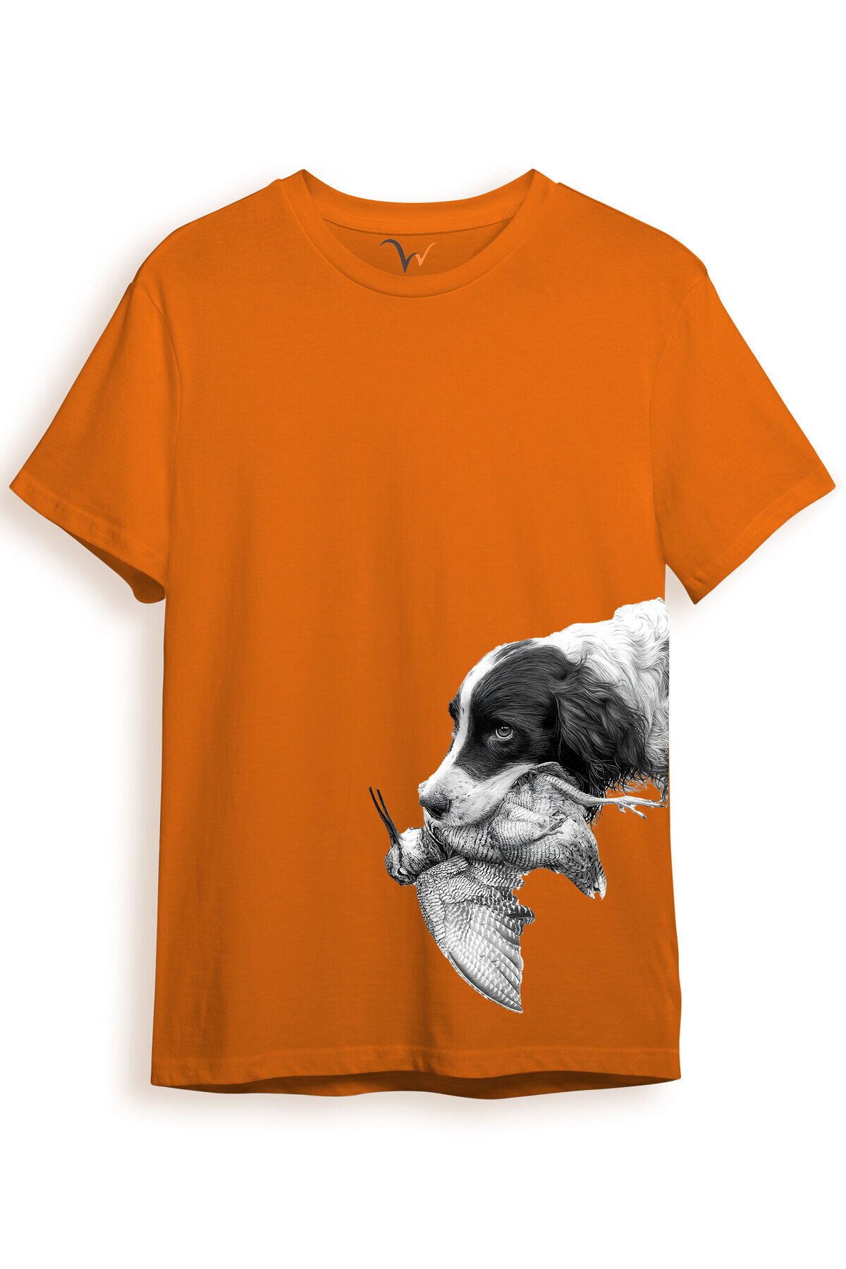 Hunter Avcılık Baskılı Av Köpeği Yan Detay Bakılı Regular Fit Gri T-shirt Turuncu - M